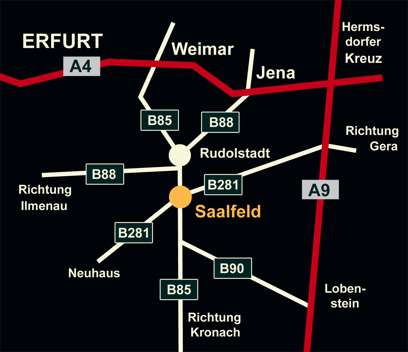 Übersicht Anfahrt nach Saalfeld aus allen Richtungen